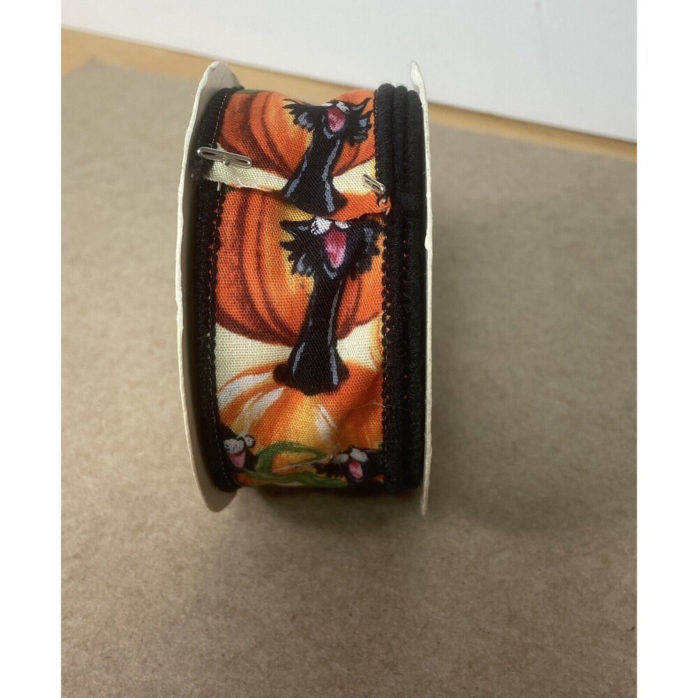 Fabric Ribbon Black Cat Pumpkin 1.25 in Halloween 4 Yards Spooled Vintage - Picture 4 of 5